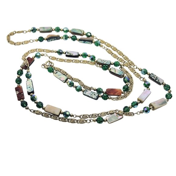 Heavy Gold Tone Snail Chain Necklace W/Abalone And AB Rhinestone Beads (5885) - Picture 5 of 8